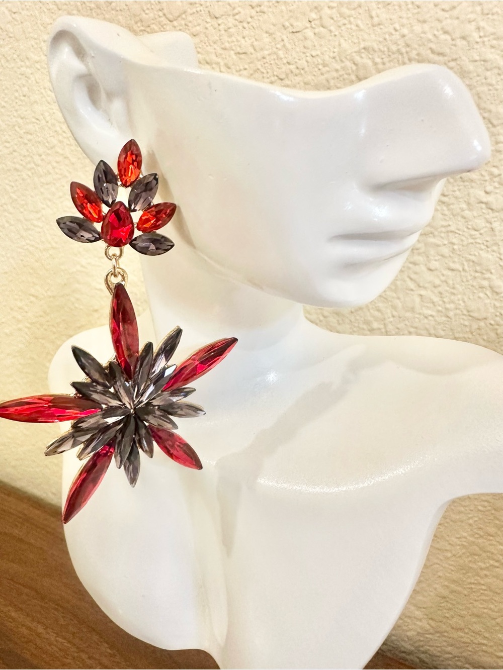 Red and Smoke Crystal Statement Drop Earrings